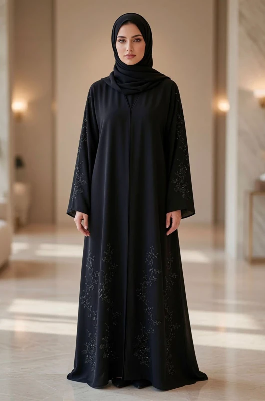 Handcrafted Black Abaya with Floral Crystal